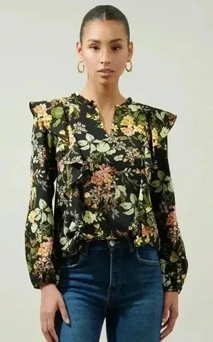 Sugarlips Night Bloom Wilhem Ruffle Blouse - Black Multi thumbnail 1