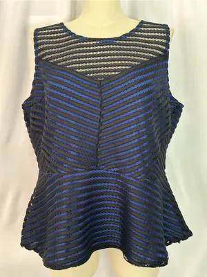 City Chic XXL Black & Royal Blue Mesh Stripe Peplum Top | Sheer Detail (1313) thumbnail 2