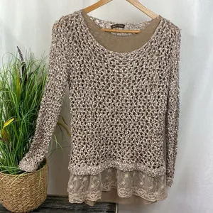 John Fashion Taupe Tan Crochet & Lace Layered Long Sleeve Sweater Blouse Top L thumbnail 2