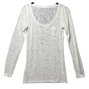 Y2K White Burnout Slub Knit Long Sleeve Top Sheer Scoop Neck‎ Pocket Size L thumbnail 1
