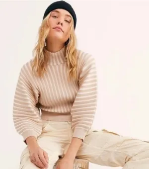 Free People Mock Neck Sweater Womens Medium Tan White Striped Ribbed Knit Dolman thumbnail 1