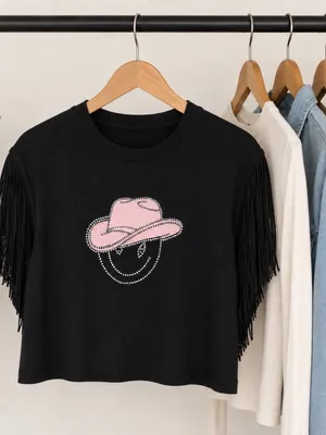 Main Strip WOMEN'S SHORT FRINGE SLEEVE CROP TOP IN BLACK GRAPHIC SHIRT SZ-Large thumbnail 4