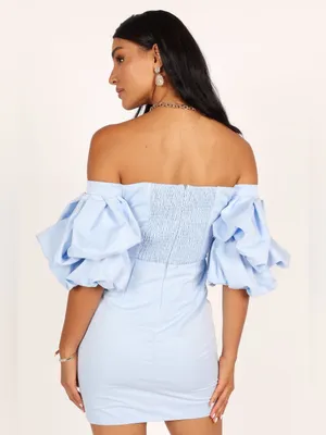 NEW Petal + Pup Fern Puff Sleeve Off Shoulder Mini Dress in Icy Blue thumbnail 2