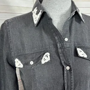 True Freedom Lace Trim Raw Edge Denim Button Up Shirt‎ Gray Black Small thumbnail 5
