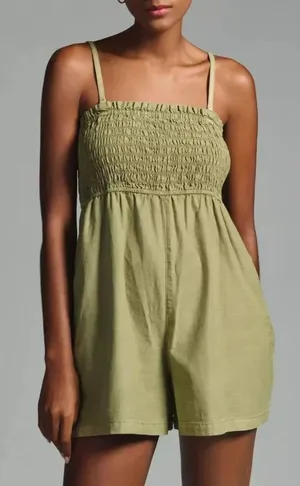 Anthropologie Pilcro Olive Green Smocked Pocket Romper thumbnail 1