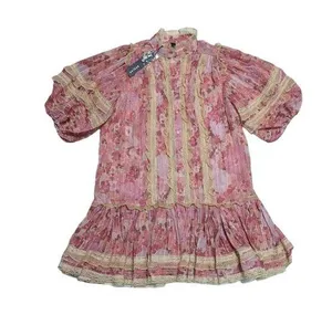 Beulah Pink Lace Ruffle Mini Dress Puff Sleeve Coquette Kawaii Womens Small thumbnail 1