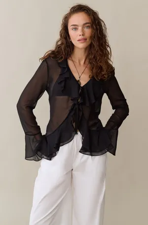 NWT kourt Anessa Top size 2 Black ruffle long sleeve few moda thumbnail 1