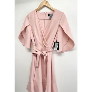 DKNY Pink Tulip Sleeve Faux Wrap Ruffle Hem Dress Size‎ 6 NEW thumbnail 6