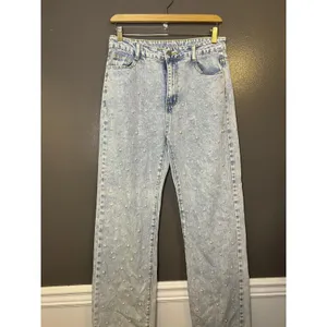 Jeans Womens M Blue Acid Wash High Rise Pearl Beaded Straight Denim Pants thumbnail 2