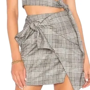 Lovers+Friends Grey Tartan Plaid Tie Front Asymmetric Mini Skirt Preppy Grunge thumbnail 1