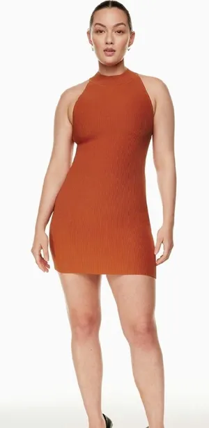 Aritzia Babaton halter sculpt knit ribbed mini dress sz XL Orange thumbnail 1