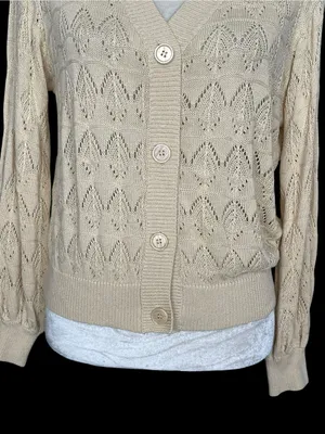 Cream Open Knit Cardigan Sweater Women’s Size S Bubble Sleeves thumbnail 3