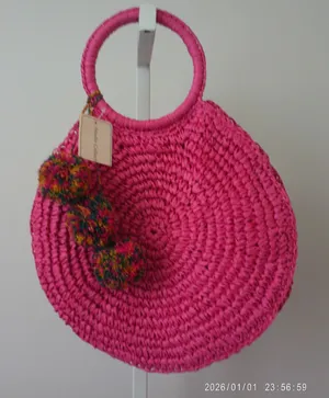 Studio Collection Straw Boho Beachy Tropical Pom Pom Round Circle Tote Bag Pink thumbnail 1