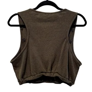 POL V Neck Waffle Crop Top Olive Green With Black Floral Appliqué Size Large NWT thumbnail 4