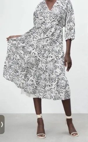 Zara Black and White cotton midi dress 3/4 sleeve sz Small NWT $70 thumbnail 1
