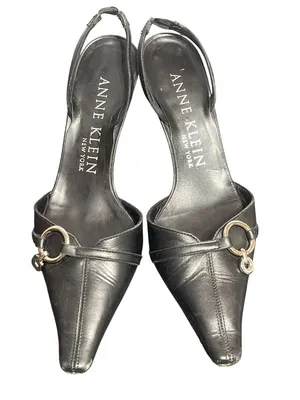 Anne Klein Black Leather Slingback Heels Silver Tone Ring Italy 3" Heel Sz 7.5" thumbnail 2