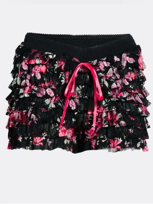 FREE PEOPLE Feeling For Lace Black Pink Floral Shorts Ruffles Girly Size Medium thumbnail 9
