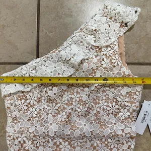 Donna Morgan White Floral Crochet Tan Lined One Shoulder Ruffle Mini Dress Sz 8 thumbnail 6