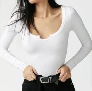 Joah Brown White Henley Long Sleeve T-Shirt Top, S/M thumbnail 1
