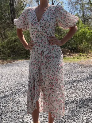 MINKPINK White Ruffle Midi Faux Wrap Dress with Pink & Green‎ Floral Size XS thumbnail 7