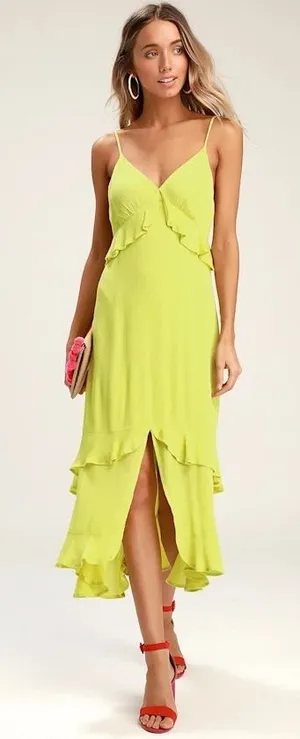 Lulus‎ Ruffle High-Low Midi Dress Women XS Chartreuse Lime Green Tie Back Boho thumbnail 1
