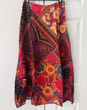 Farm Rio Mixed Prints Satin Slip Midi Skirt, Size S thumbnail 2