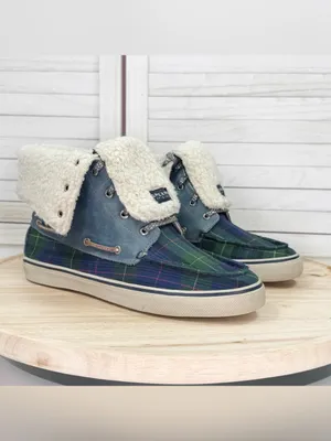 Sperry Tartan Plaid Fleece Lined Fold Over Boots Blue Green Women 11 Preppy thumbnail 14