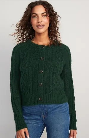 Old Navy Women's Dark Green Cozy Cable-Knit Cardigan thumbnail 1
