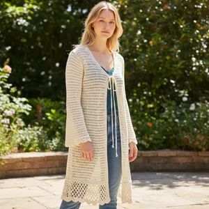 Pink Lily Womens Crochet Knit‎ Duster Cardigan Ivory Cream Tie Front JB-A7126 S thumbnail 2