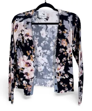 Anthropologie Tabitha Black Pink Floral Print Cardigan Sweater Womens S Buttons thumbnail 1