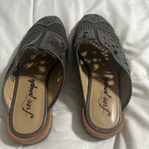 Free People Black Leather Laser-Cut Mule with Natural Wood Sole thumbnail 4