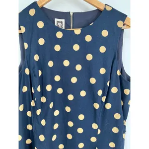 ANNE KLEIN Polka Dot Sheath Dress Womens 12 Navy Blue Tan Sleeveless Pockets thumbnail 3
