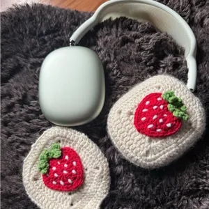 Handmade Strawberry Crochet Patches - Cream and Red for AirPod max cover thumbnail 3