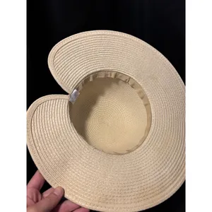 Woven Paper Straw Sun Hat Turquoise Bead Accent Split‎ Back Wide Brim Tan OSFM thumbnail 10