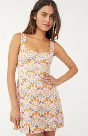 Free‎ People Mini Dress Women XS Multicolor Floral Sweetheart Slit Summer Boho thumbnail 1