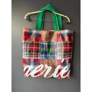 Aerie Patchwork Pattern Tote Bag with Green Handles thumbnail 2