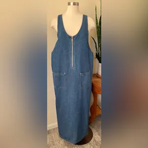 Vintage Denim Zip Front Jumper‎ Dress Sleeveless Pockets 90s Minimalist large thumbnail 2