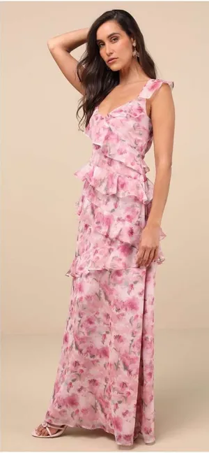 Lulus Evangeline Pink Floral Ruffled Maxi Dress thumbnail 1