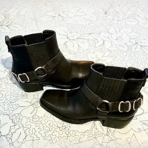 Sam Edelman Bellamie Black Leather Moto Harness Ankle Boots Block Heel Sz 6 💛 thumbnail 2