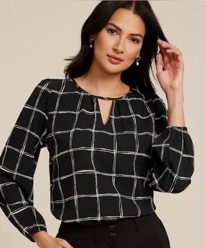 Maurice’s Black Ecru Leighton Windowpane Long Sleeve Keyhole Neck Blouse Medium thumbnail 1