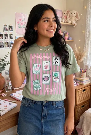 Mighty Fine Women’s Mahjong Night Oversized Graphic T-Shirt in sage green. thumbnail 1