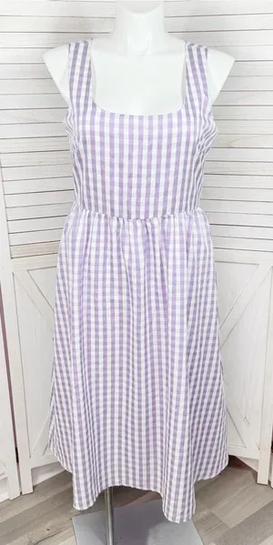 DKNY Gingham Check Square Neck Midi Dress Purple White 12 Cottagecore Sleeveless thumbnail 1