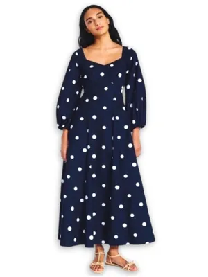 Free Assembly Cotton Polka Dot Maxi Dress Navy Blue White Walmart Small thumbnail 3