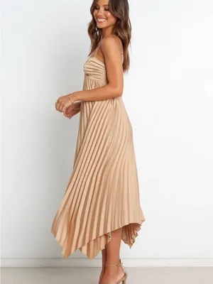 NWT Petal and Pup Vikki Dress Gold Pleated Satin Midi Formal Size 4 thumbnail 3