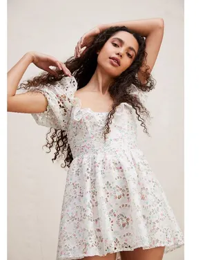 For Love & Lemons Magnolia Mini eyelet Dress Floral Puff Sleeve White XS NWT thumbnail 1