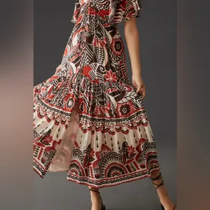 👗🌟Anthropologie Tiered Maxi Dress XS Boho Cutout Flutter Sleeve Red Black Print thumbnail 4