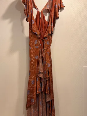 Anthropologie Ruffle-Sleeve Printed-Wrap Rust Midi Dress with Blue Floral Print thumbnail 4