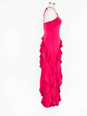 Adrianna Papell - Halter-Neck Ruffled Satin High-Low Gown thumbnail 5