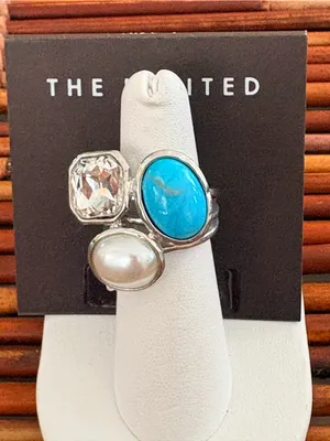 The Limited Silver-tone Trio Ring Turquoise, Pearl & Clear Stone Size 6.75 NWT thumbnail 2