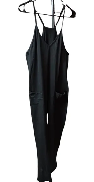 Racer back onesie NWOT black long pants two pockets adj straps sz small thumbnail 1
